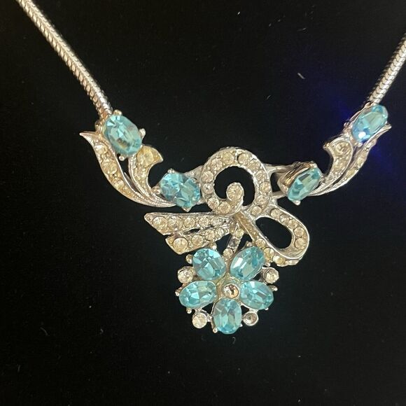 VTG Signed Joseph Wiesner NY Blue Clear Rhinestone Necklace READ - Picture 3 of 5